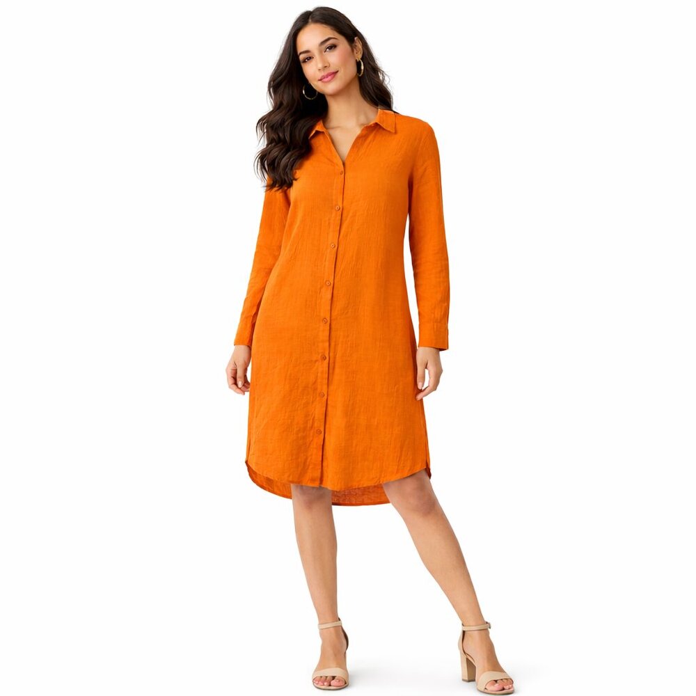 Candace Cameron Bure Crinkle Cotton Button Front Shirt Dress Orange XS